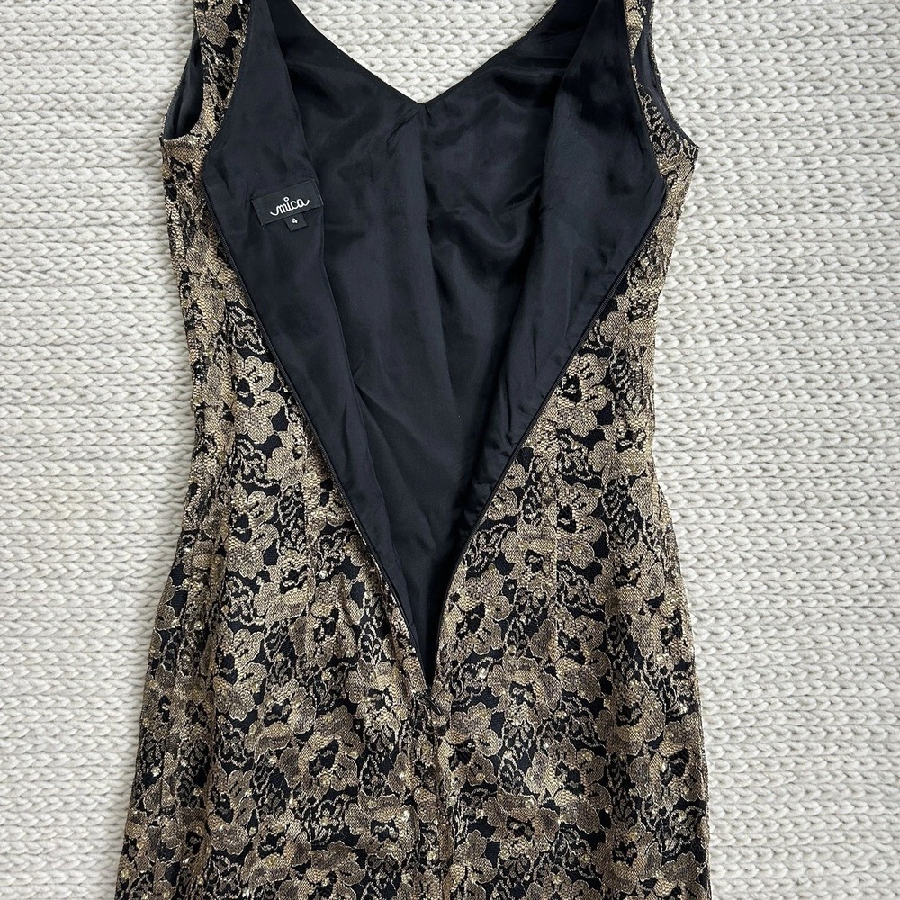 Mica Sleeveless Black Lace Cocktail Dress Sz 4 Sheath Gold Metallic Event Formal - Picture 12 of 16